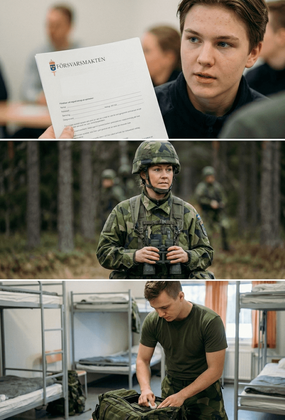 Bild i tre delar: en ung person håller ett dokument från Försvarsmakten, en soldat i svensk kamouflage med kikare i skogen, en man packar en ryggsäck i ett militärt sovsalsrum.