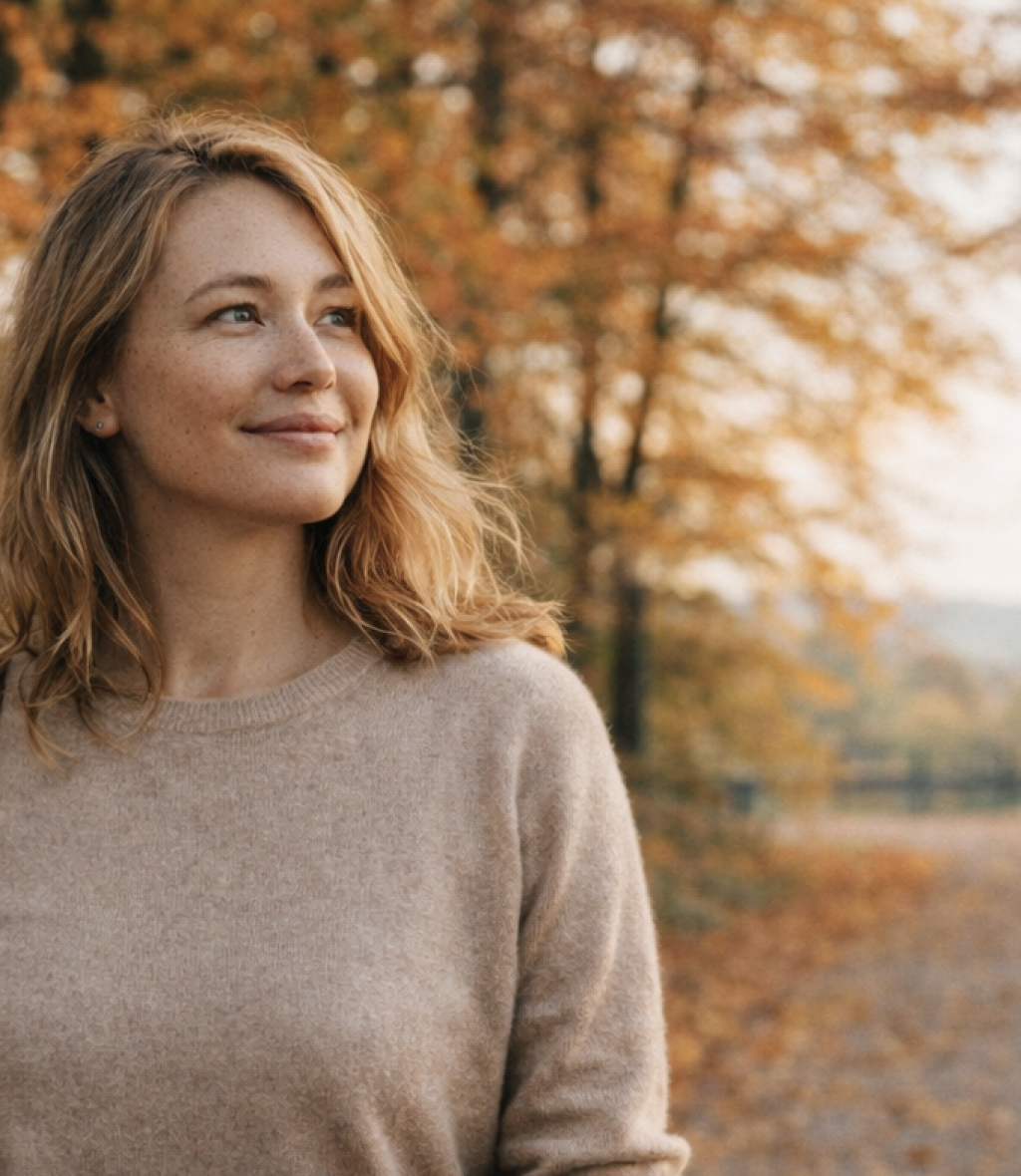 Leende kvinna med ljust, lockigt hår i beige tröja utomhus med höstfärgade träd i bakgrunden.