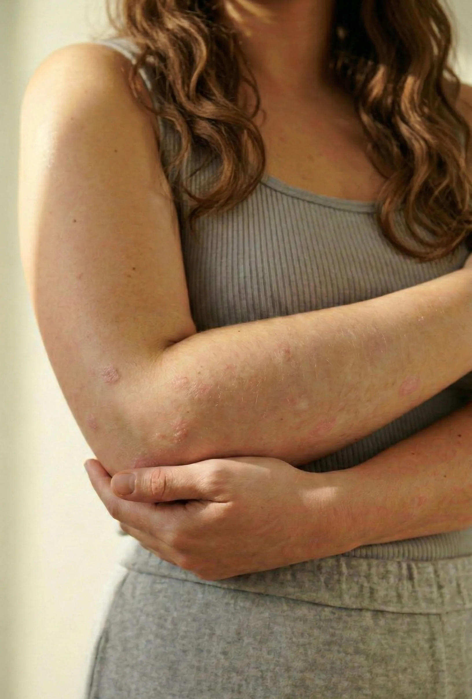 Skin with thickened plaques, scaling, dryness and itchiness as a result of psioriasis.