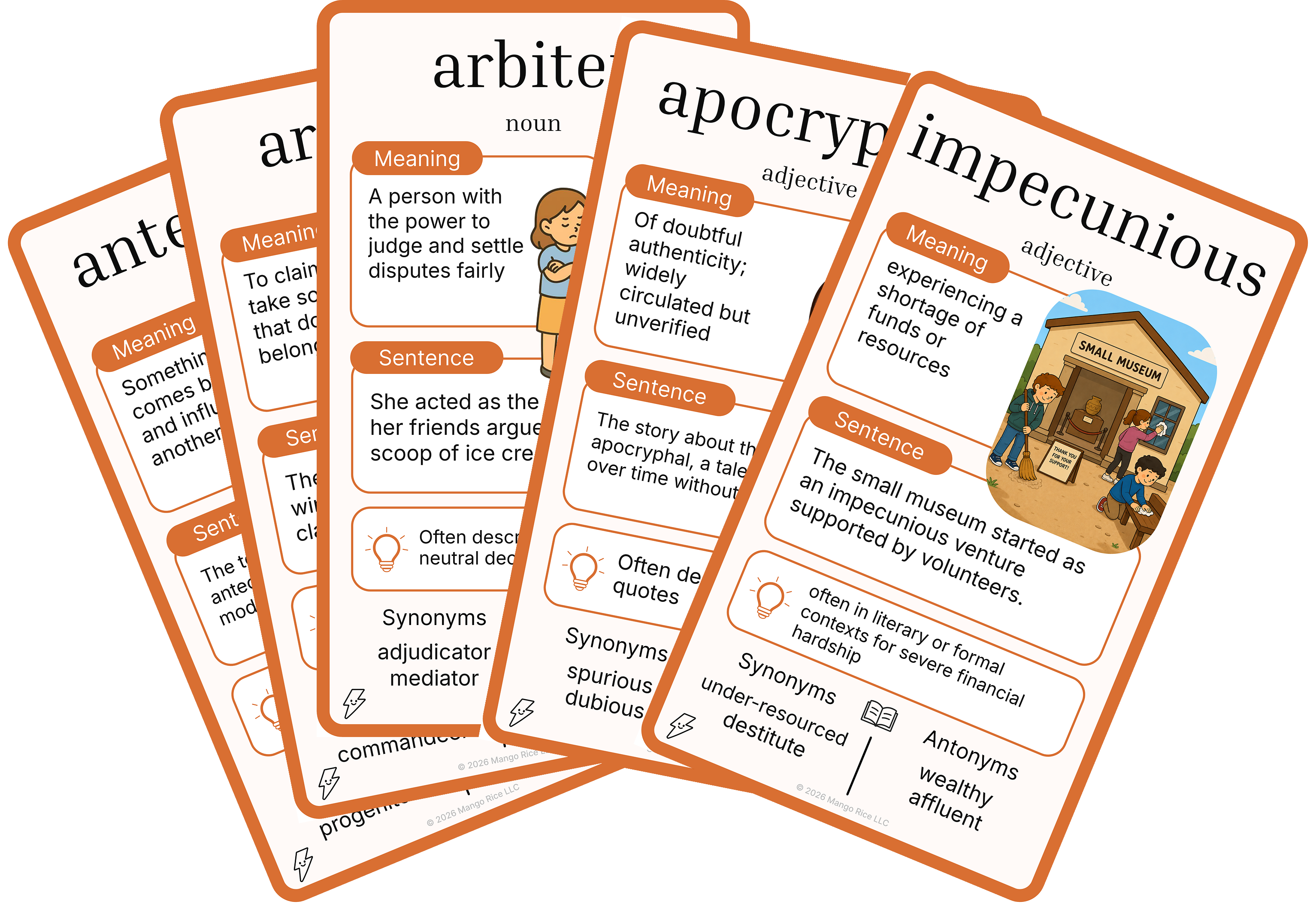 Set of five vocabulary flashcards with words, meanings, sentences, synonyms, and illustrated characters.
