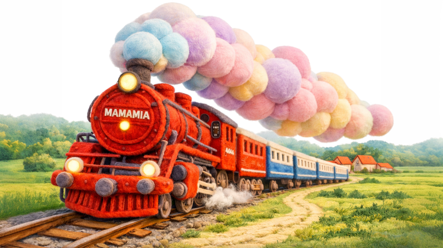 Colorful felt train labeled MAMAMIA with pastel smoke traveling on a track through green fields.