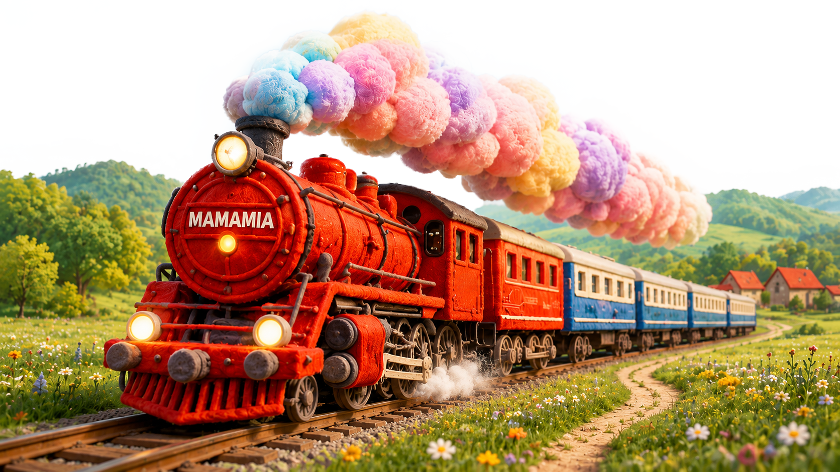 Colorful felt train labeled MAMAMIA with pastel smoke traveling on a track through green fields.