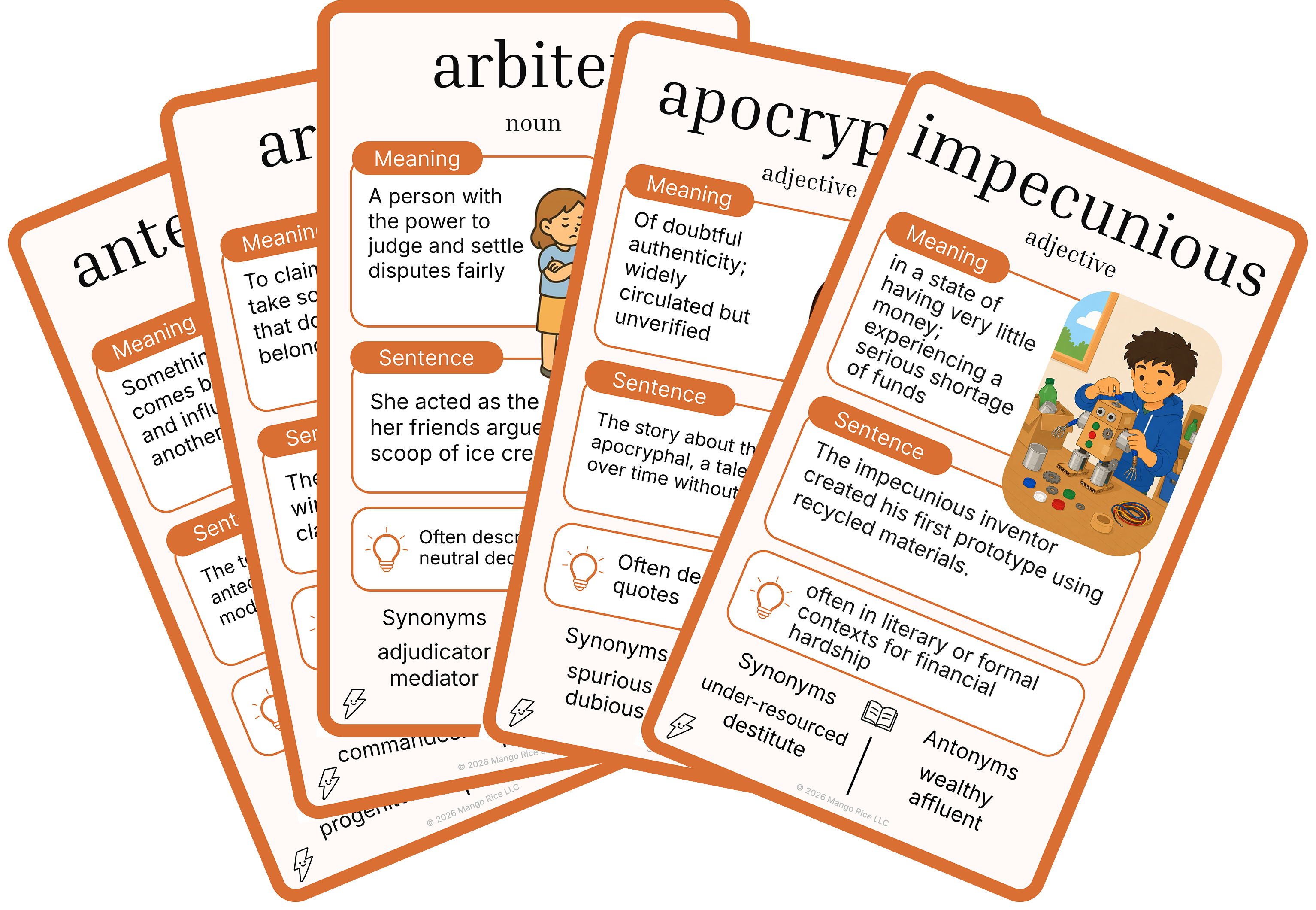 Set of five vocabulary flashcards with words, meanings, sentences, synonyms, and illustrated characters.