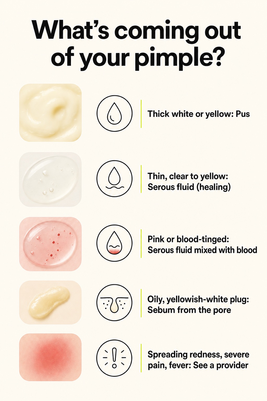 Color guide to what comes out of a pimple: thick white or yellow is pus; thin, clear to yellow is serous fluid from healing skin; pink or blood-tinged is serous fluid mixed with blood; an oily, yellowish-white plug is sebum from the pore; spreading redness, severe pain or fever means see a provider.