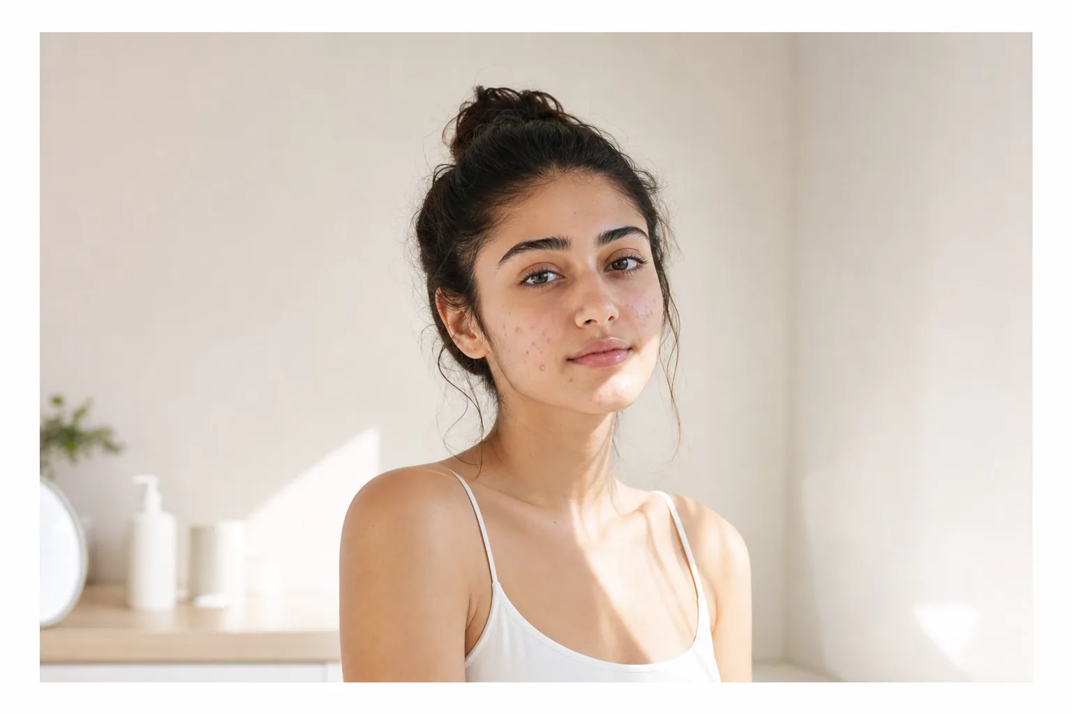 A young woman with dark hair in a loose bun and mild acne on her cheeks looks calmly at the camera in a sunlit, cream-colored bathroom with skincare bottles on the counter behind her.