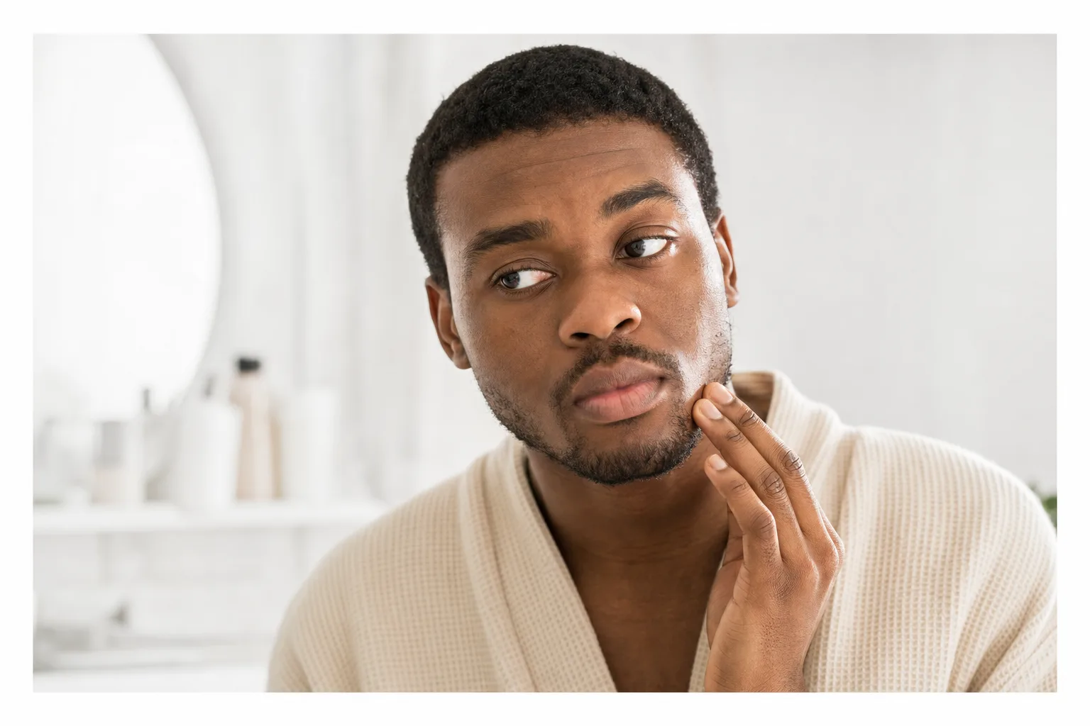 A Black man in his 30s with a short beard, wearing a cream waffle-knit robe, touches his jaw with two fingers as he checks his skin in a bright, softly lit white bathroom.