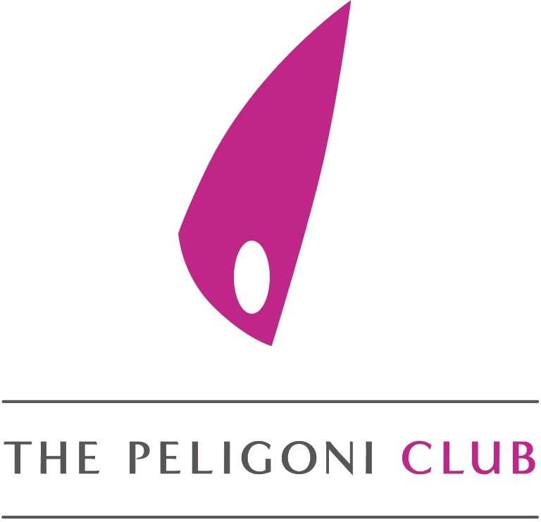 Logo featuring a stylized magenta sail shape above the text 'THE PELIGONI CLUB' with 'CLUB' highlighted in magenta.