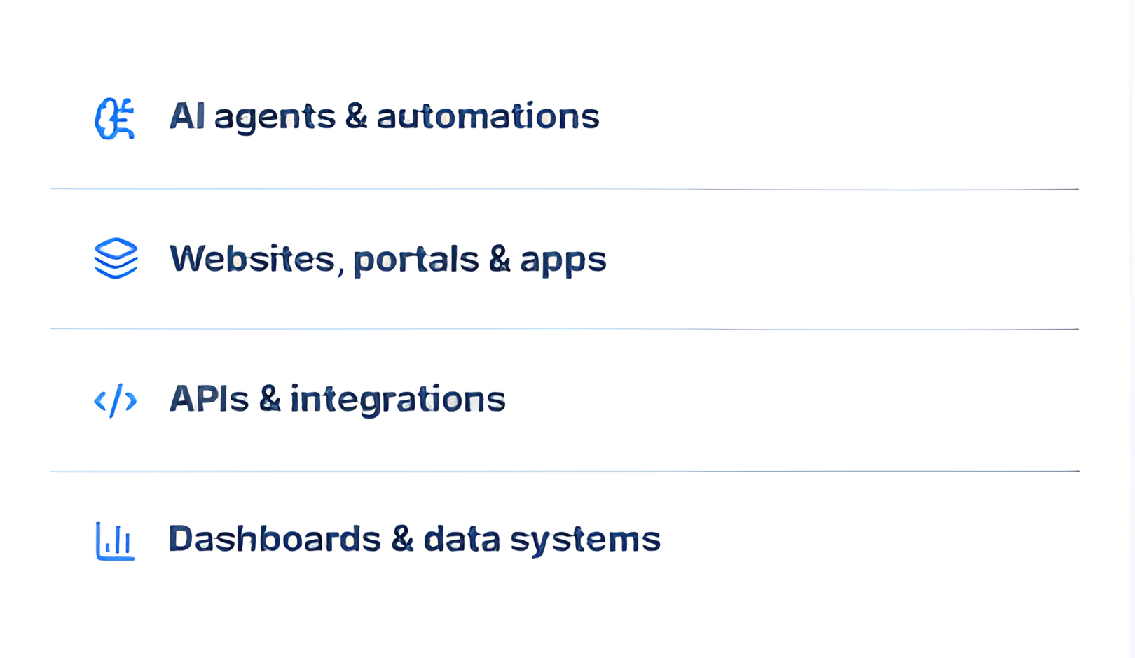 List of tech services with blue icons: AI agents, websites, APIs, dashboards, and data systems.