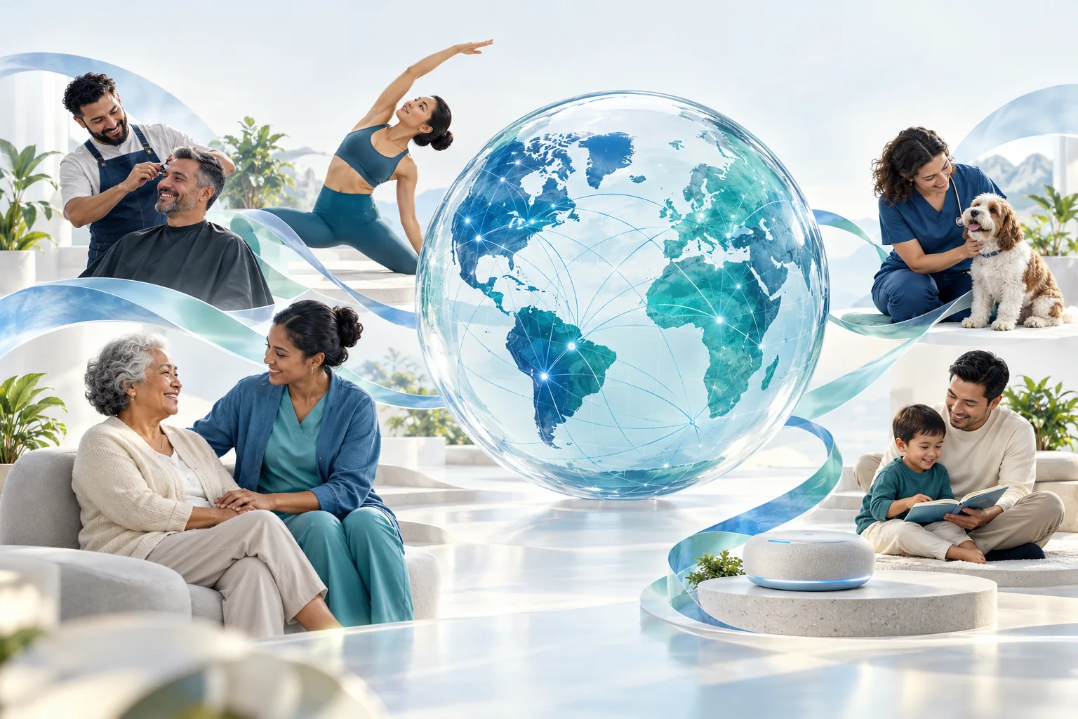 A blue and teal globe connecting a barber, fitness professional, caregiver, veterinarian, pets and families across the world.