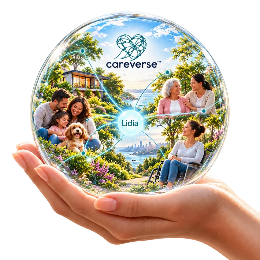 A hand holding Careverse’s connected world of care, with people, families and Lidia at its center