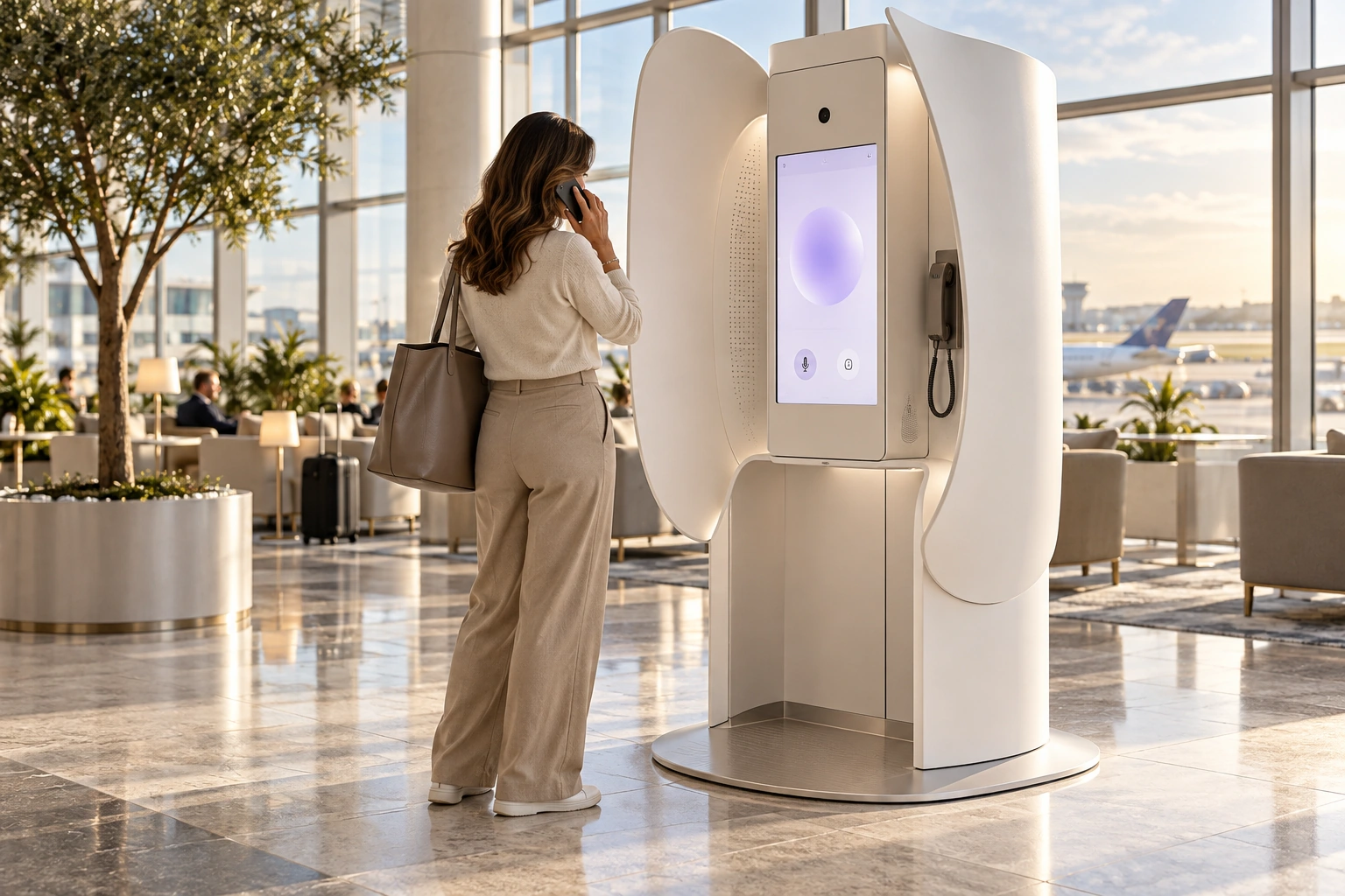 Realistic Lidia Go public privacy station with deep side shielding and private handset in a light-filled airport atrium