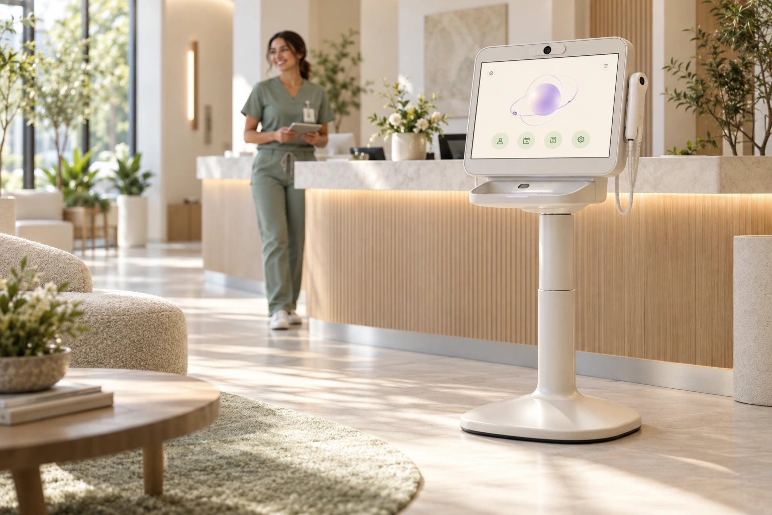 Lidia Clinic concept station in a bright modern medical reception with a member of the care team nearby