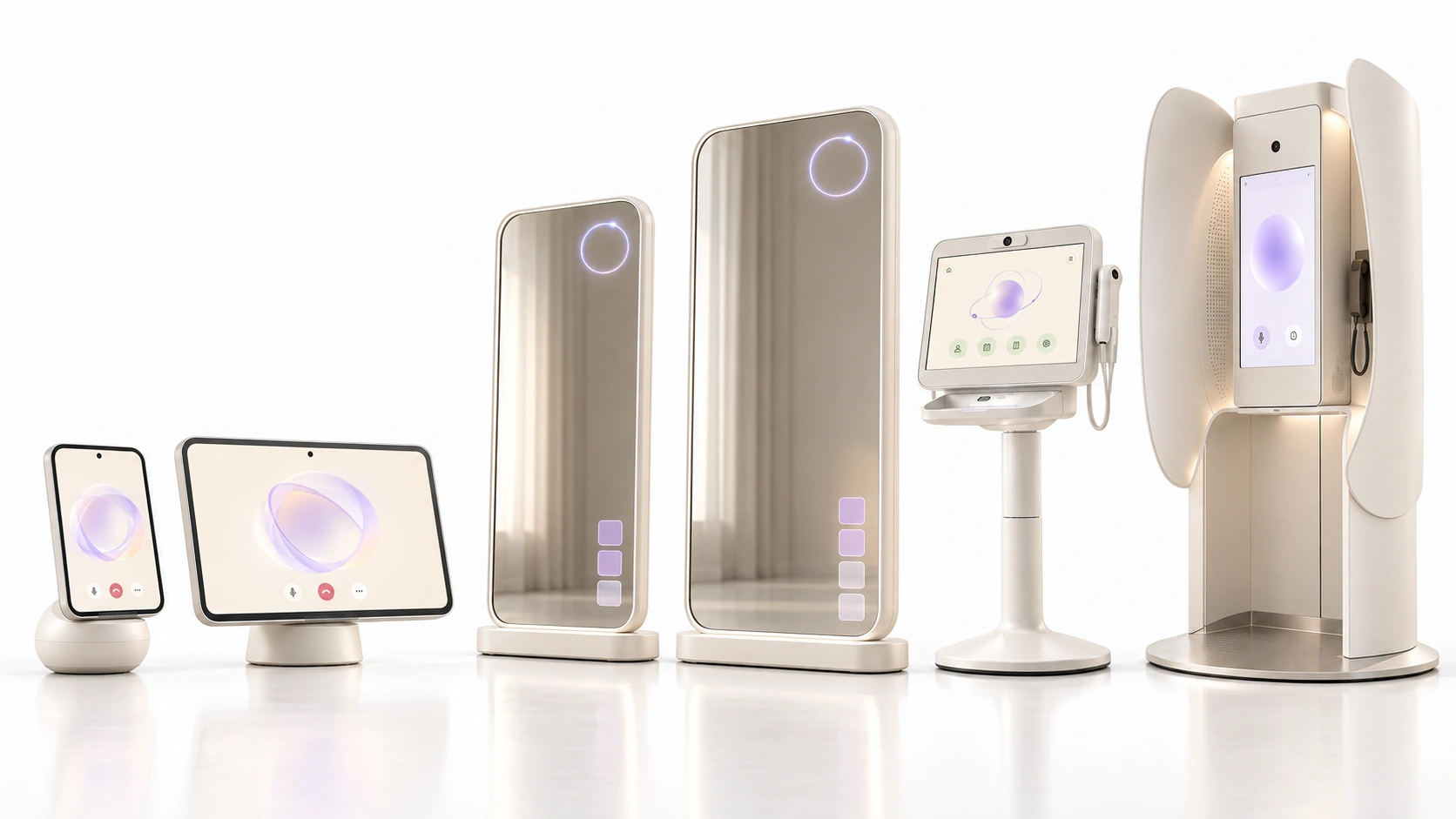 Photorealistic concept rendering of six pearl-white Lidia devices: two tabletop companions, two standing mirrors, a clinic station and a public privacy station