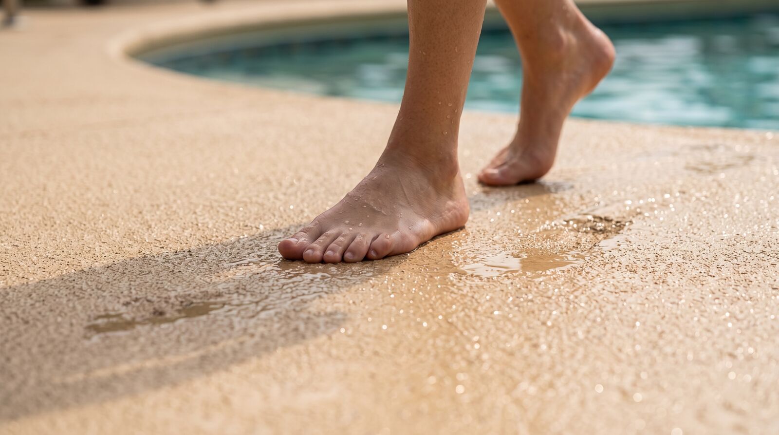 Pieds nus sur un revêtement de plage de piscine texturé antidérapant mouillé