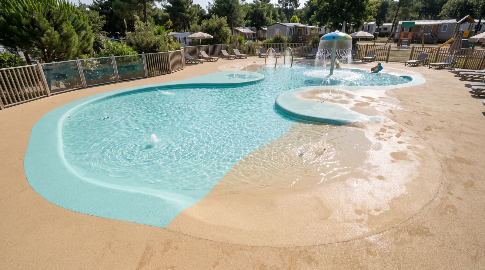 Pataugeoire et lagon en polyurée texturée avec plage en pente douce dans un camping