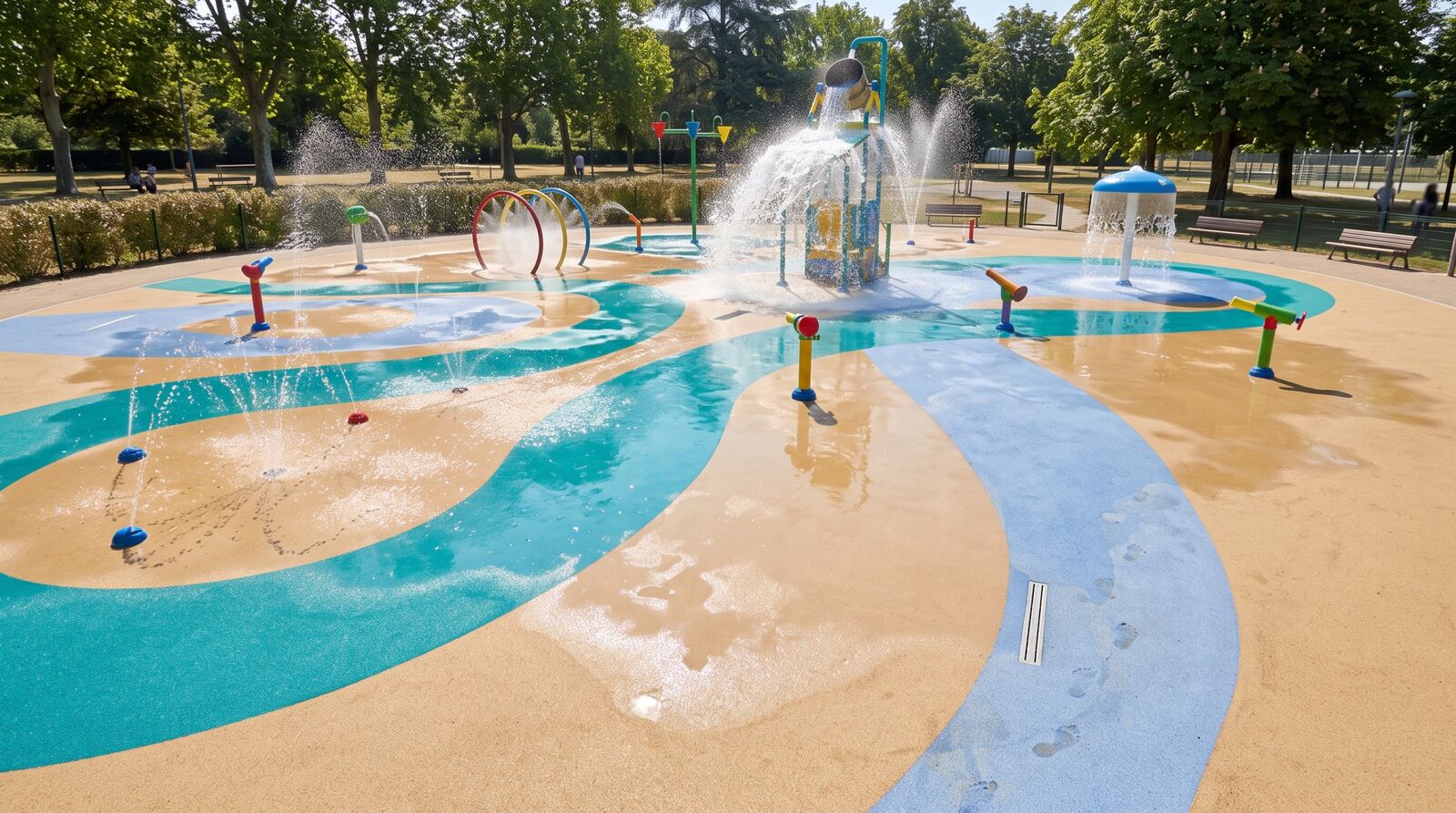 Aire de jeux d’eau municipale avec jets, seau basculant et revêtement continu texturé bicolore