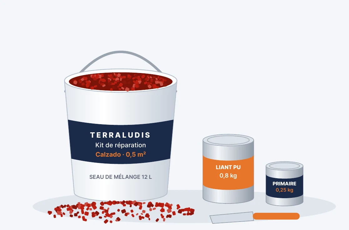 Kit de réparation pour sol amortissant : seau de mélange avec granulat, liant PU, primaire et spatule