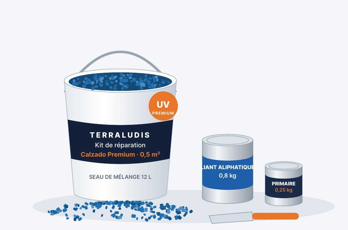 Kit de réparation Calzado Premium UV : seau de granulat bleu, liant aliphatique et primaire