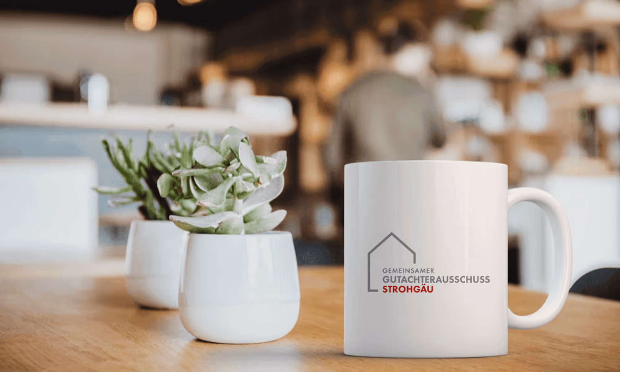White ceramic mug with text 'Gemeinsamer Gutachterausschuss Strohgäu' next to two small white pots holding green succulent plants on a wooden table.
