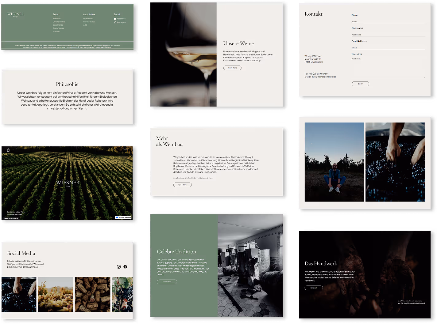 Collage of web pages from Wiesner Winery showing vineyard rows, wine glass close-up, hands handling grapes, corks, winery interior, and contact form with German text about philosophy, tradition, and craftsmanship.