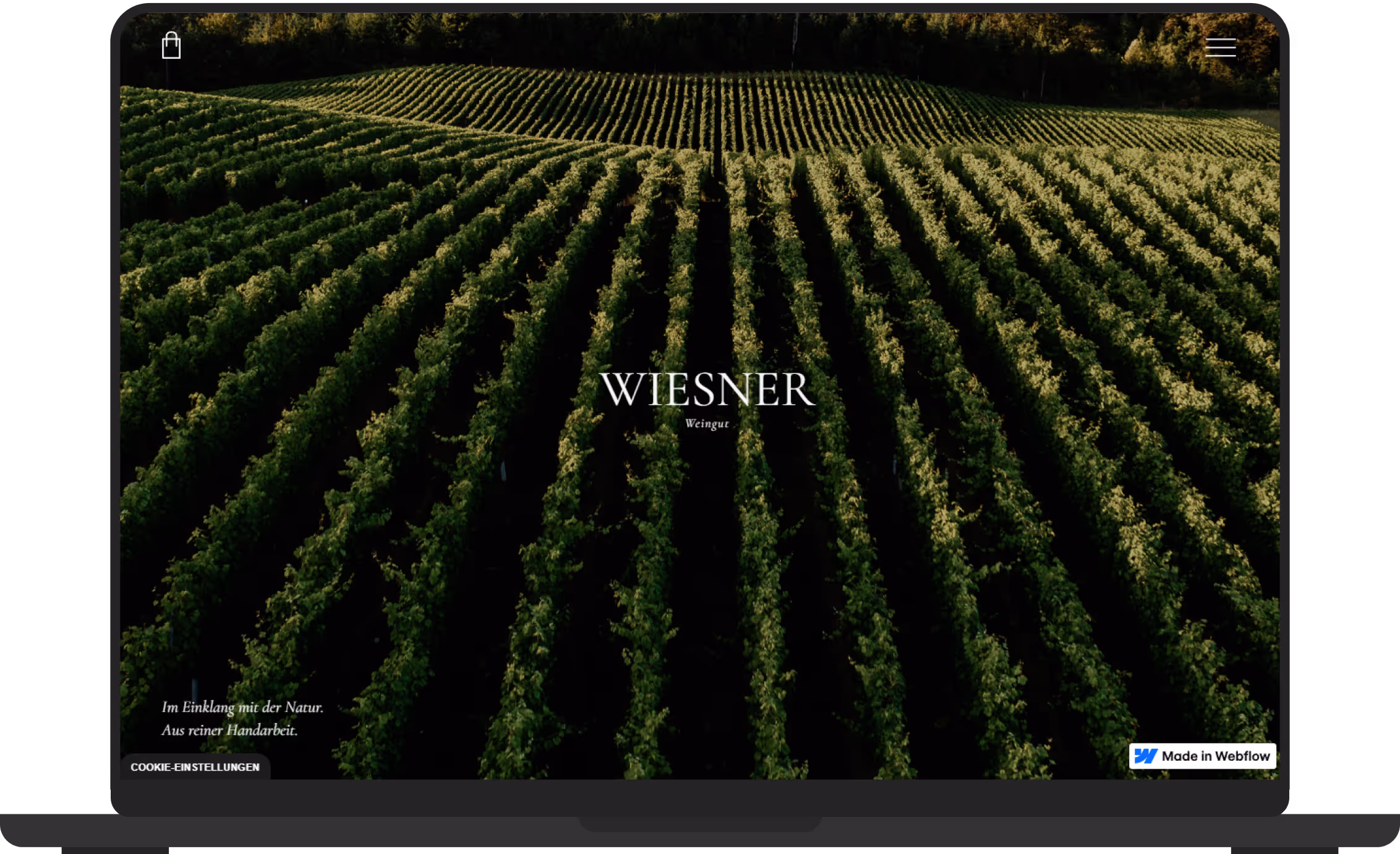 Laptop screen displaying a vineyard with green grapevines in neat rows and the text 'WIESNER Weingut'.