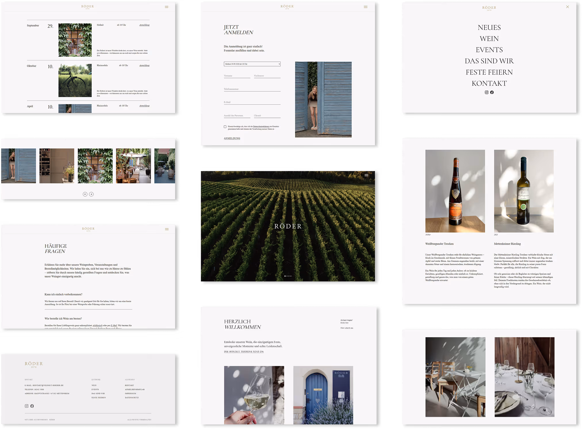 Collage of web pages from Wiesner Winery showing vineyard rows, wine glass close-up, hands handling grapes, corks, winery interior, and contact form with German text about philosophy, tradition, and craftsmanship.