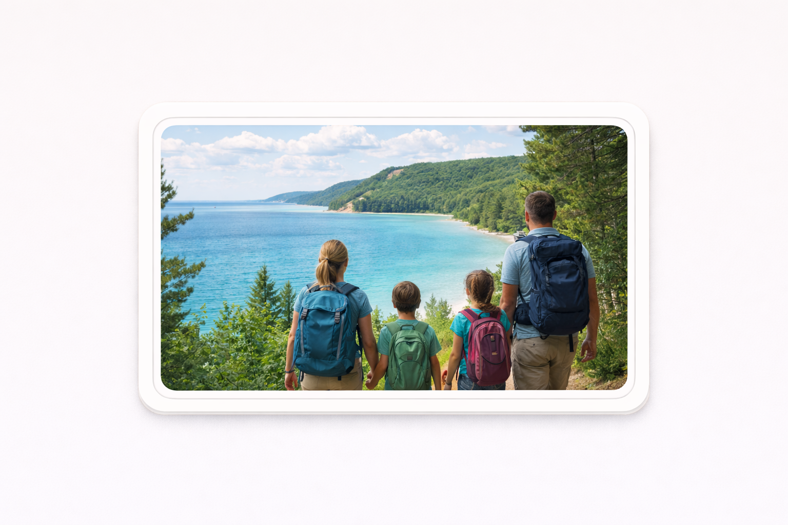 Eine vierköpfige Familie tragen alle einen Rucksack und schauen auf einen türkisblauen Bergsee umrandet von Bäumen eines Waldes.