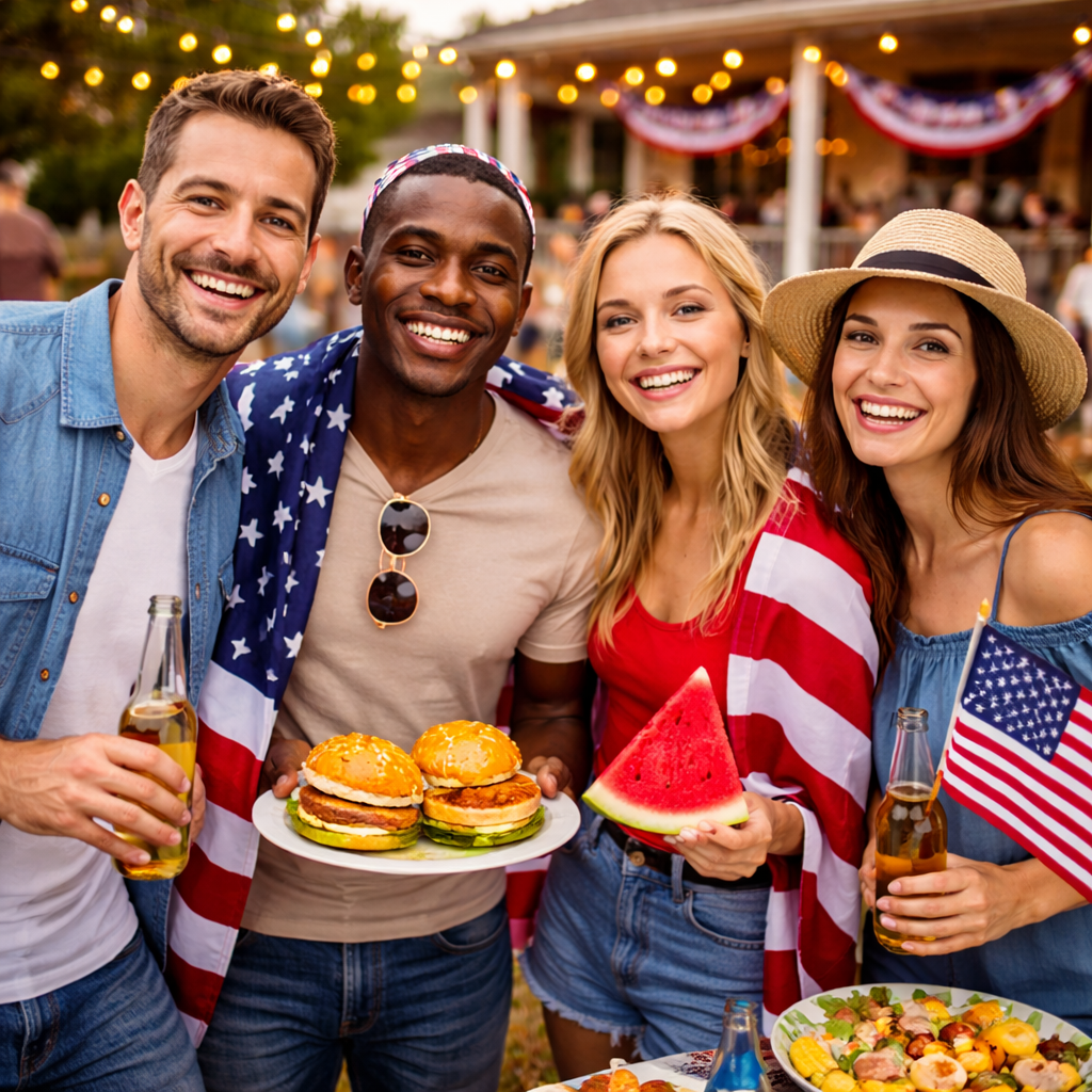 Freunde feiern gemeinsam mit amerikanischen Flaggen – Kultur und Mentalität in den USA für deutsche Auswanderer