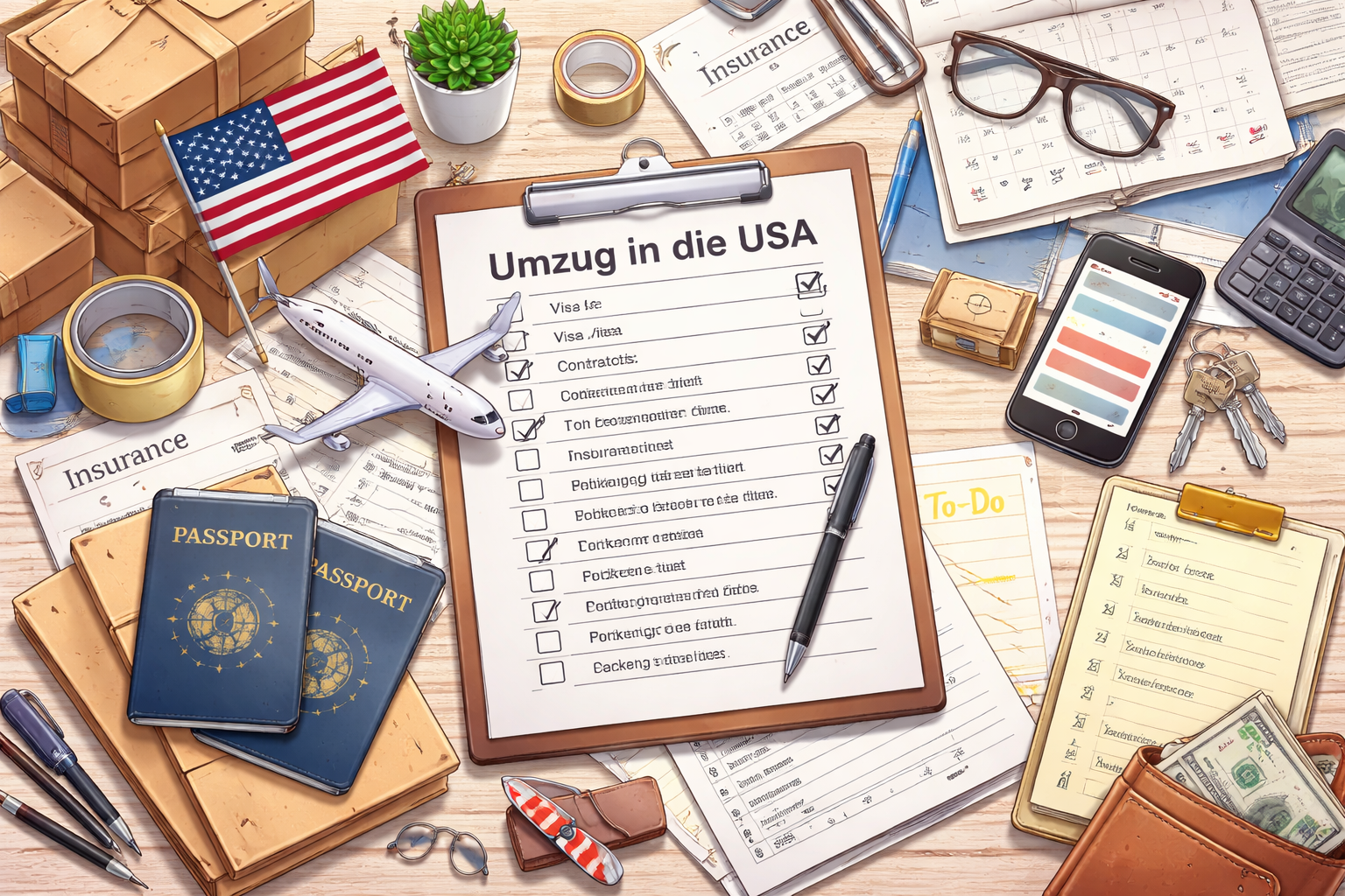 Tisch voller Dokumente für den Umzug nach Michigan