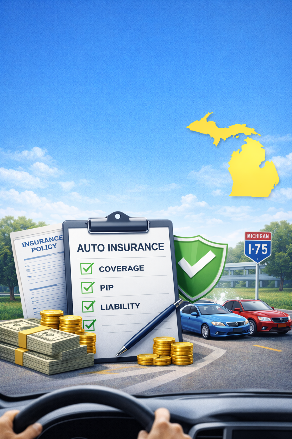 Autoversicherung in Michigan mit Versicherungsdokument und Fahrzeugen