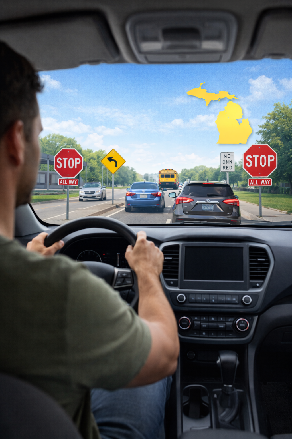 Fahrer im Straßenverkehr in Michigan mit Stoppschild und Schulbus