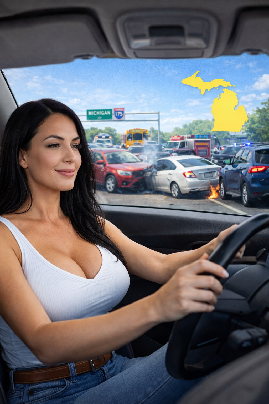 Frau am Steuer in Michigan und im Hintergrund Autounfall