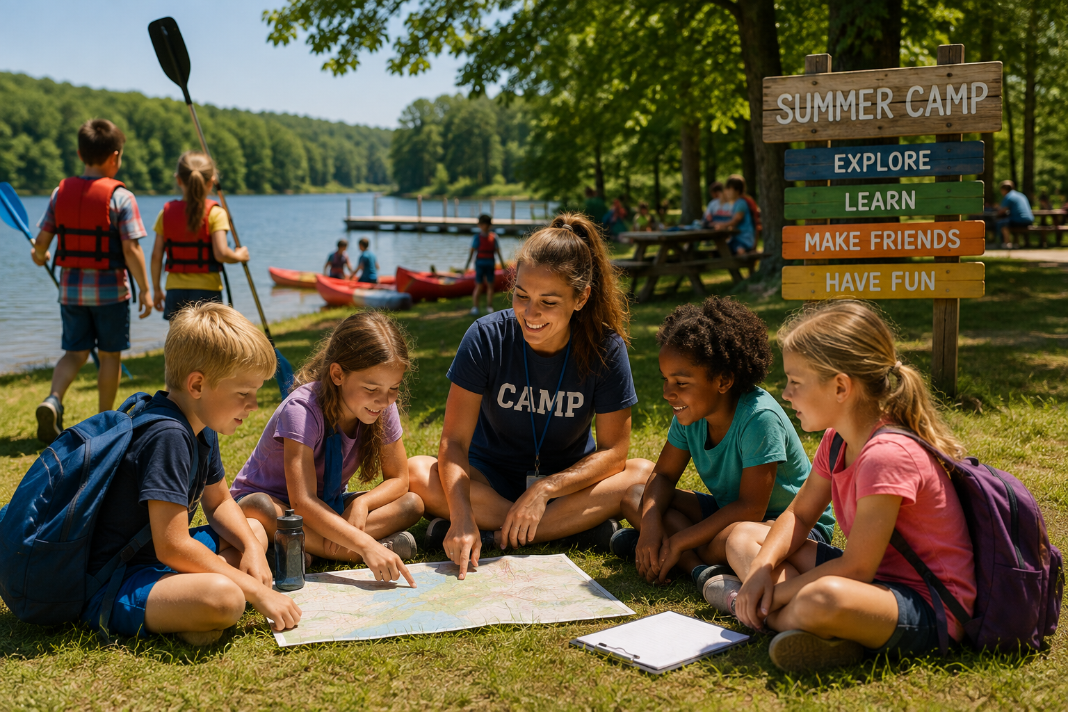 Kinder mit Betreuerin bei einem Summer Camp am See in den USA