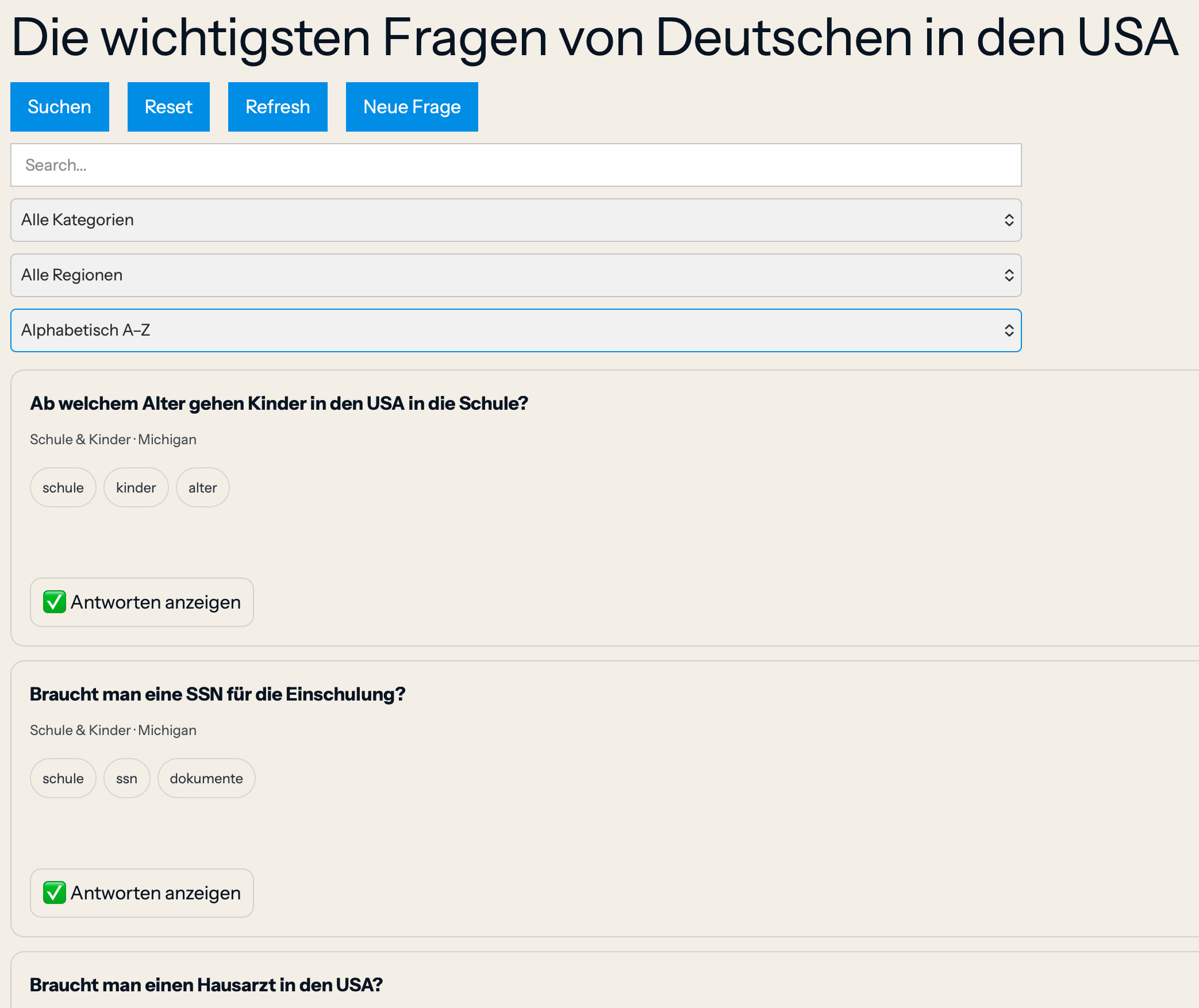Ausschnitt der FAQ Datenbank