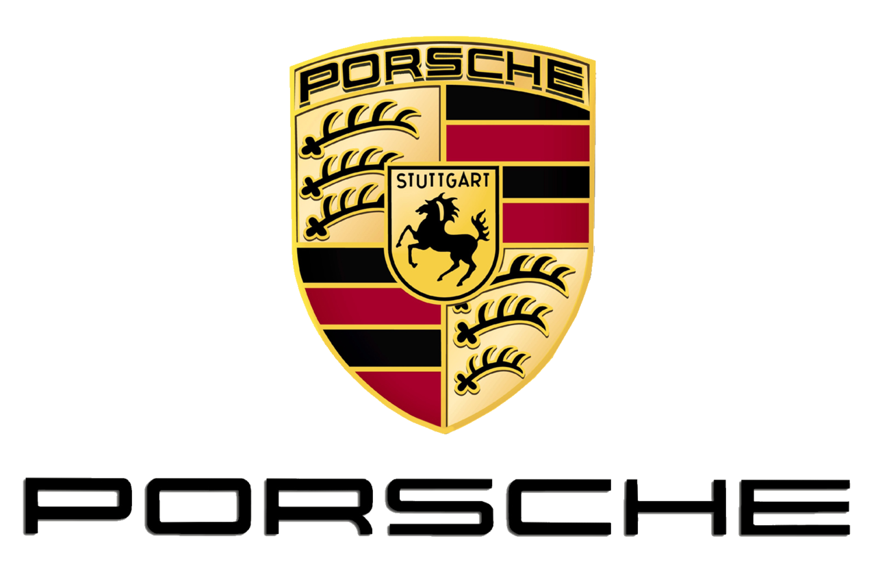 Porsche emblem featuring a black horse and red and black stripes with the word Porsche below.