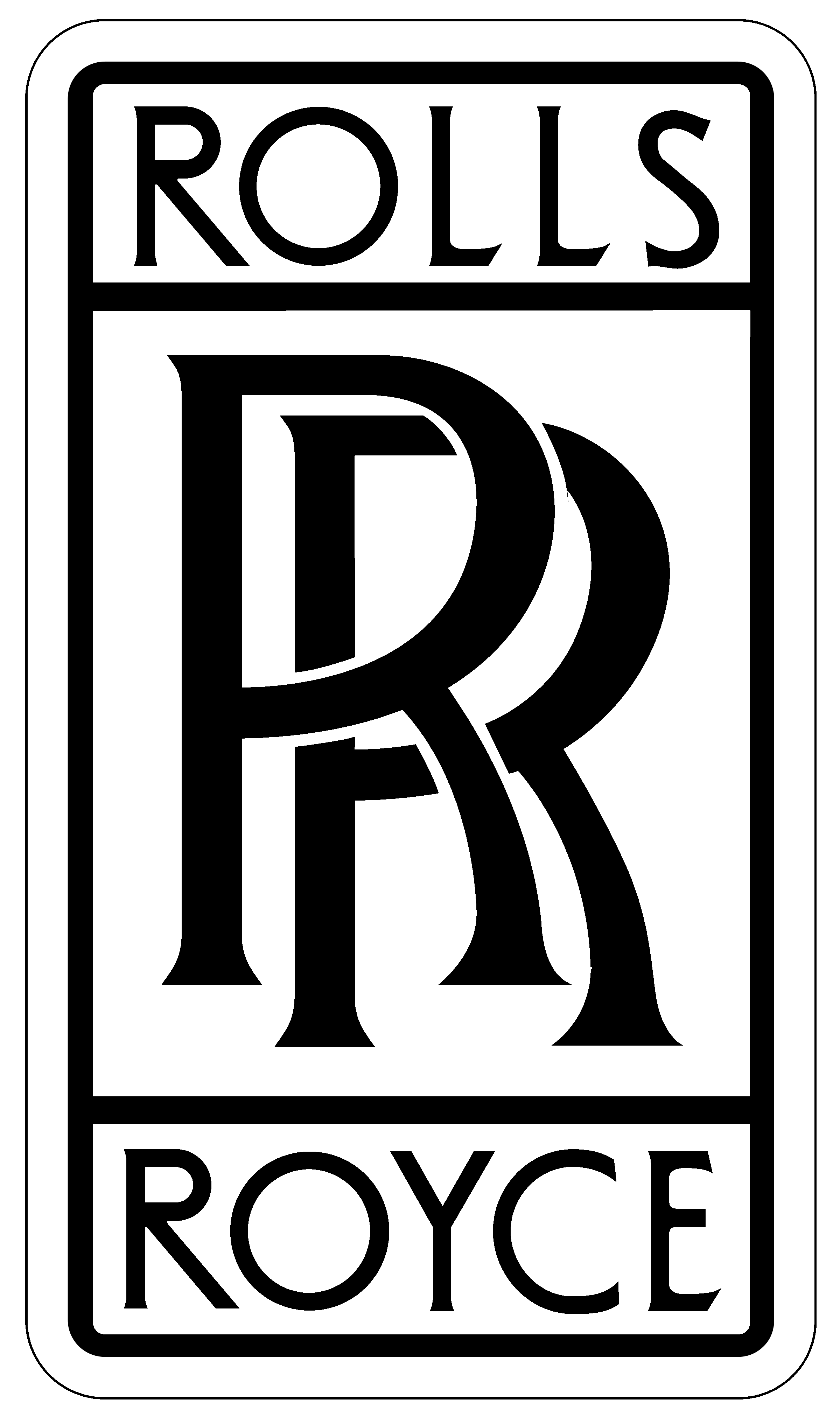 Black and white Rolls Royce logo with overlapping double R letters framed by Rolls on top and Royce on bottom.