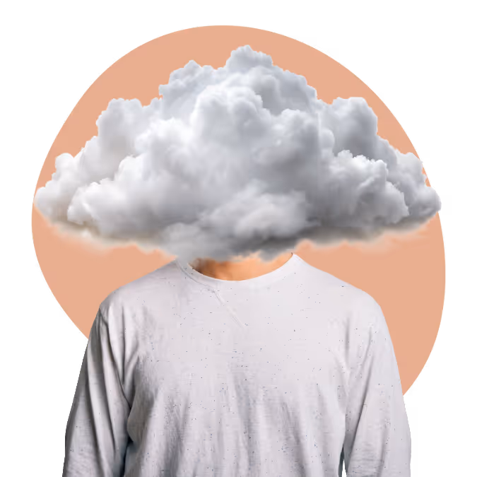 Person wearing a white long-sleeve shirt with a large cloud obscuring their head against a peach circular background.