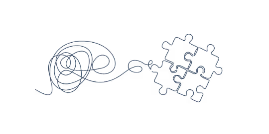Line drawing of tangled line becoming puzzle pieces - mental health therapy West Islip NY