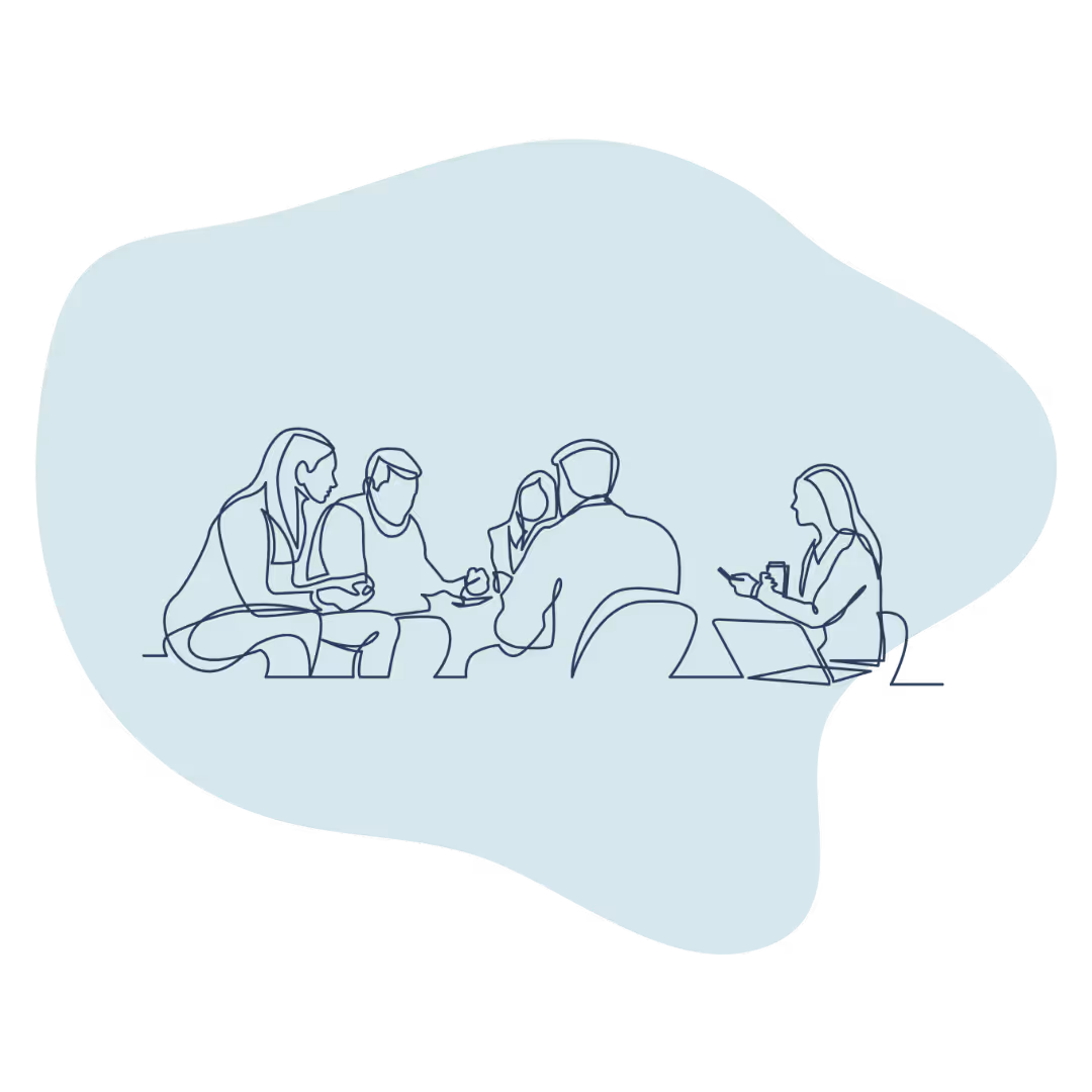 Line drawing of five people sitting together, engaged in discussion with one person using a laptop.