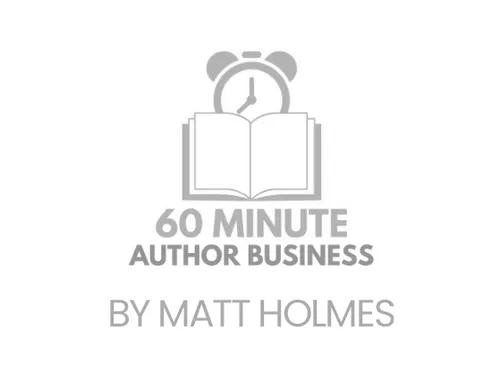 Logo with an alarm clock behind an open book, text reads '60 Minute Author Business by Matt Holmes'.