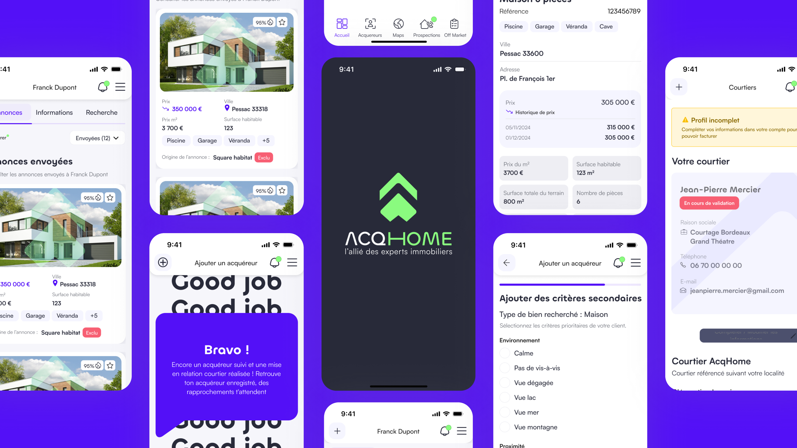 Acqhome application screen mockups