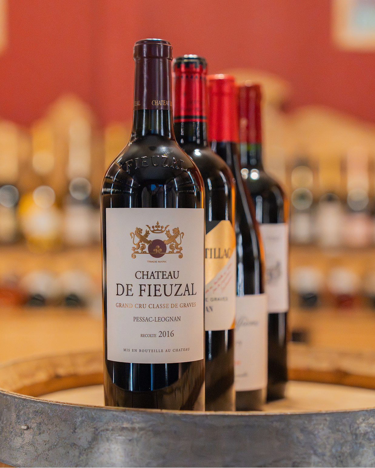 4 bottles on a barrel, warm setting