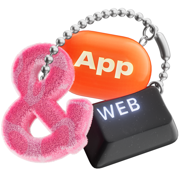 Брелок из металлических шариков с элементами: розовый пушистый амперсанд, оранжевый прямоугольник с надписью «App» и черная клавиша с надписью «WEB».