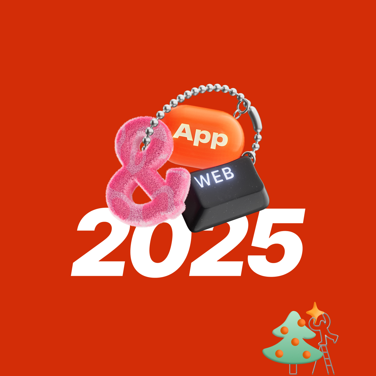 Белые цифры 2025 с подвесками из розового амперсанда, красочной таблички с надписью App и клавиши с надписью WEB на красном фоне, с новогодней елкой и фигуркой человека, ставящего звезду.