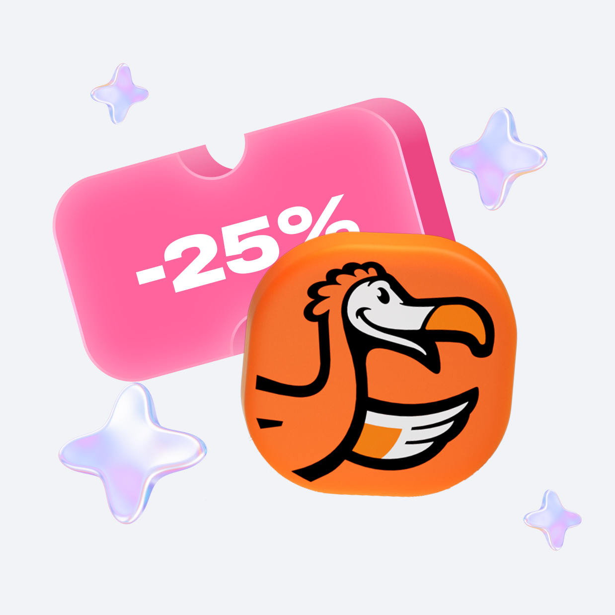Оранжевая иконка с изображением улыбающегося додо на фоне розового купона со скидкой 25%.