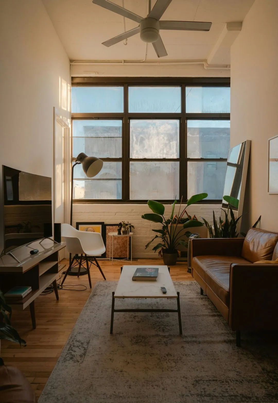 Cozy living room with a leather sofa, large windows, a coffee table, and indoor plants, illuminated by warm sunlight.