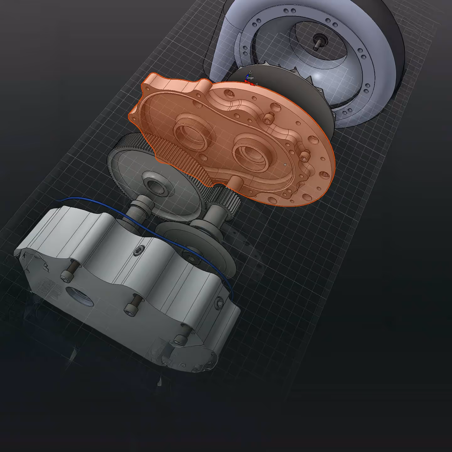 3D-Rendering eines Getriebes mit Zahnrädern und Gehäuse auf einem Rasterhintergrund.