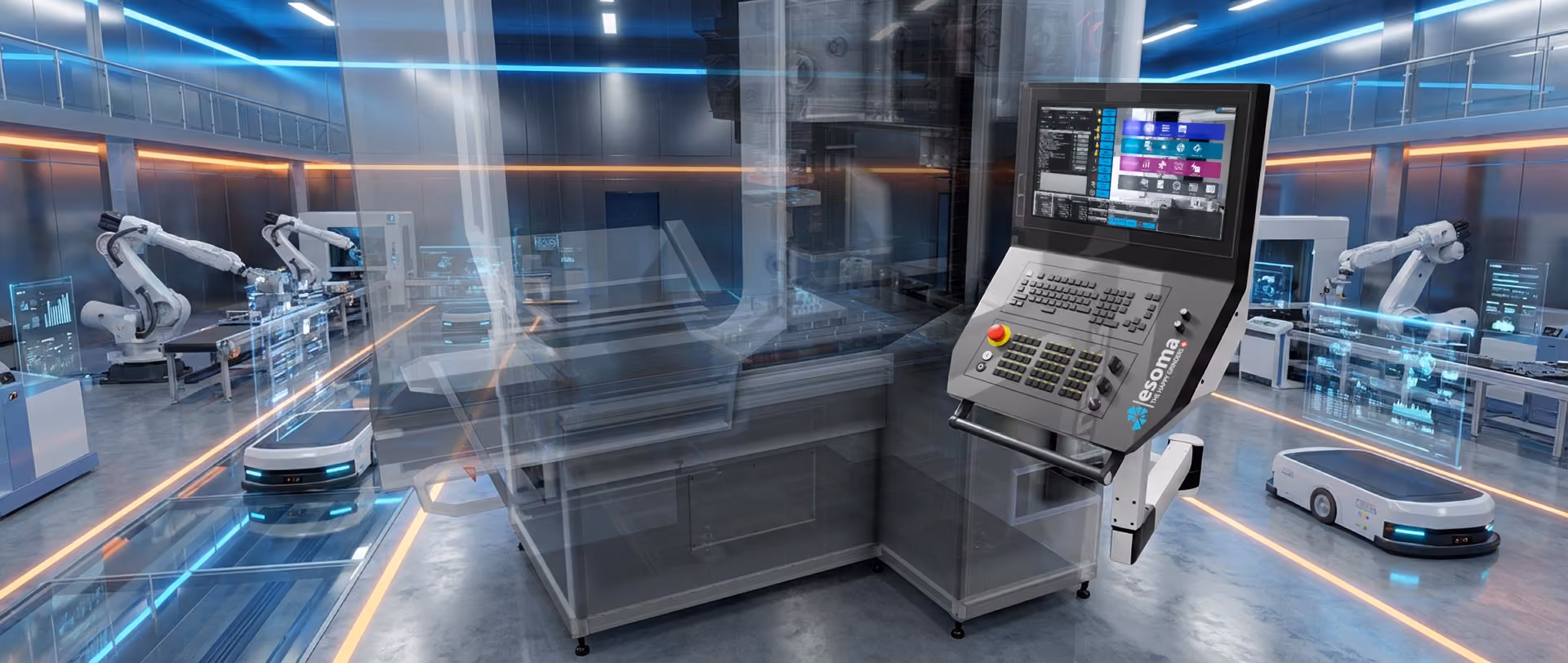 Industrielle Fertigung mit Robotarmen, automatischen Fahrzeugen und digitalem Steuerpult in moderner Fabrik.