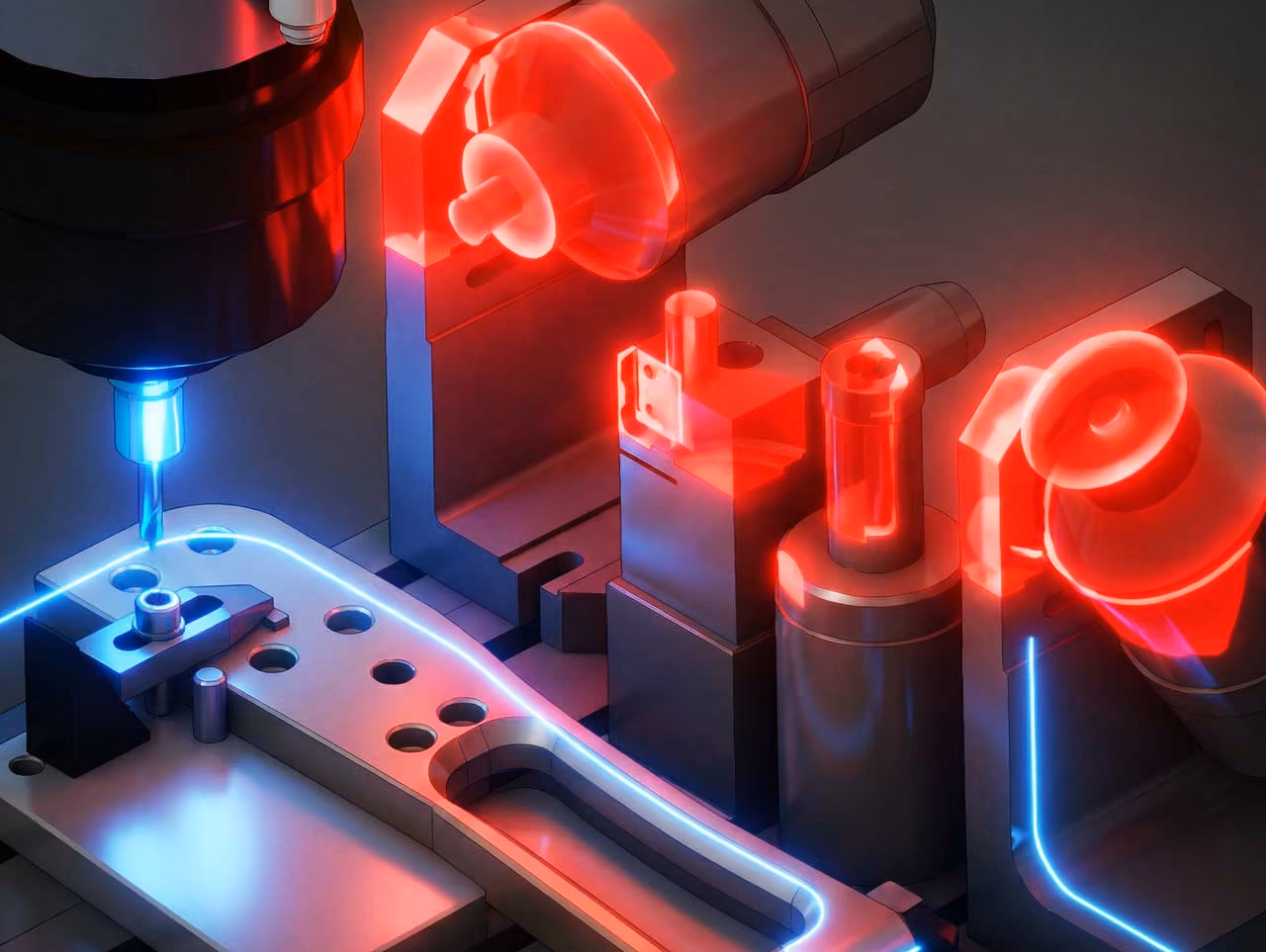 Industrielle Maschine mit blauen und roten Lichtern bearbeitet Metallteil mit Bohrer.