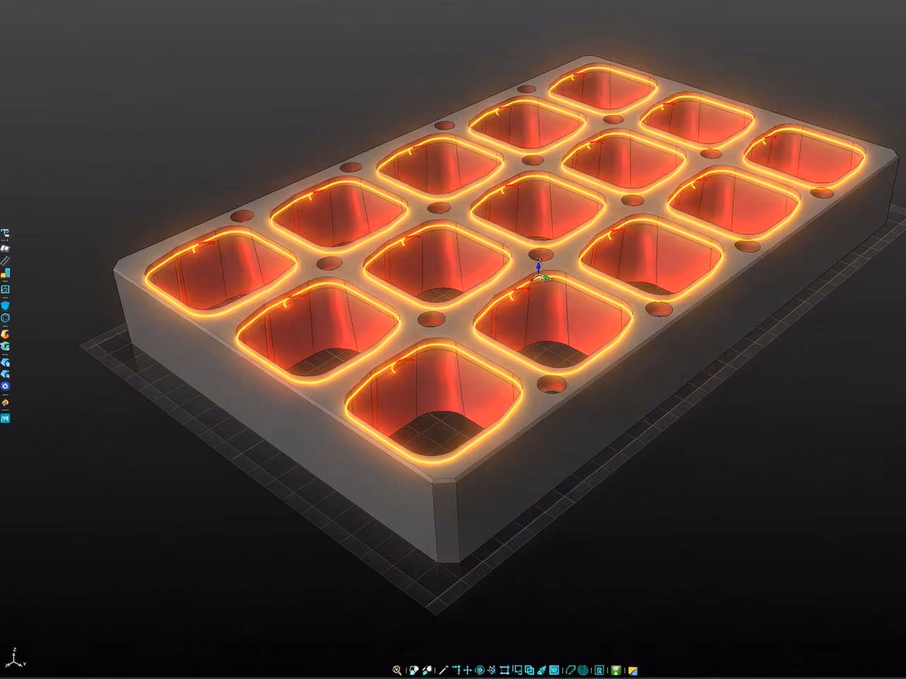 3D-Modell mit 15 rechteckigen Vertiefungen mit abgerundeten Ecken, umrandet von orangefarbenem Leuchten.